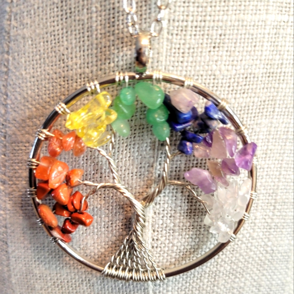 Chakra tree of life necklace silver tone chain